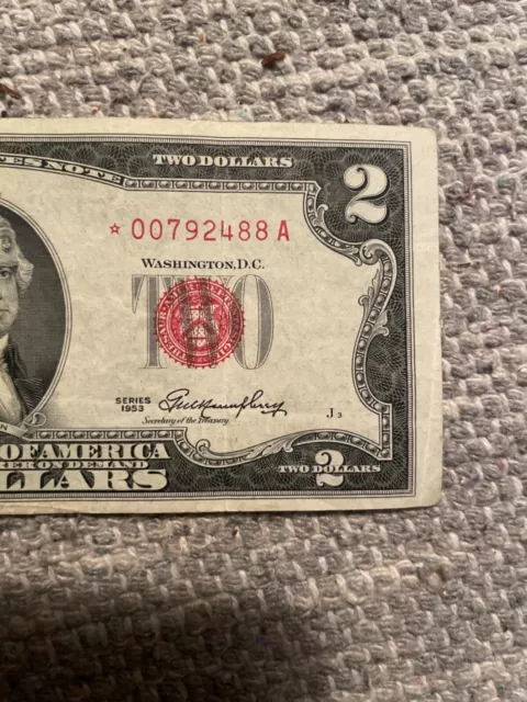 1953 $2 Dollar Bill With Star ⭐️ Red Seal United States Note