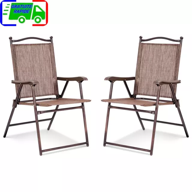 Lot de 2 Chaises de Jardin Pliantes en Textilène & Métal Fauteuil Jardin avec Ac