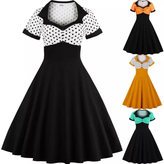 UK Womens Vintage 40s 50s Polka Dot Rockabilly Party Prom Skater Dress Plus Size