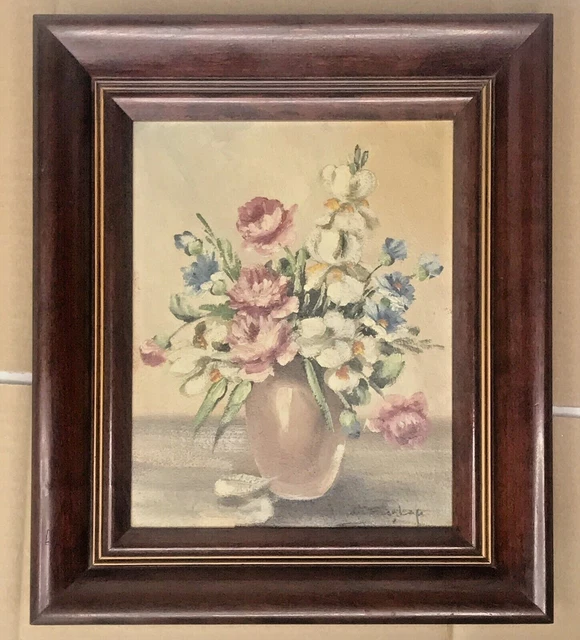 Listed Artist Janet E Greenleaf Framed Painting Floral Still Life Oil On Board