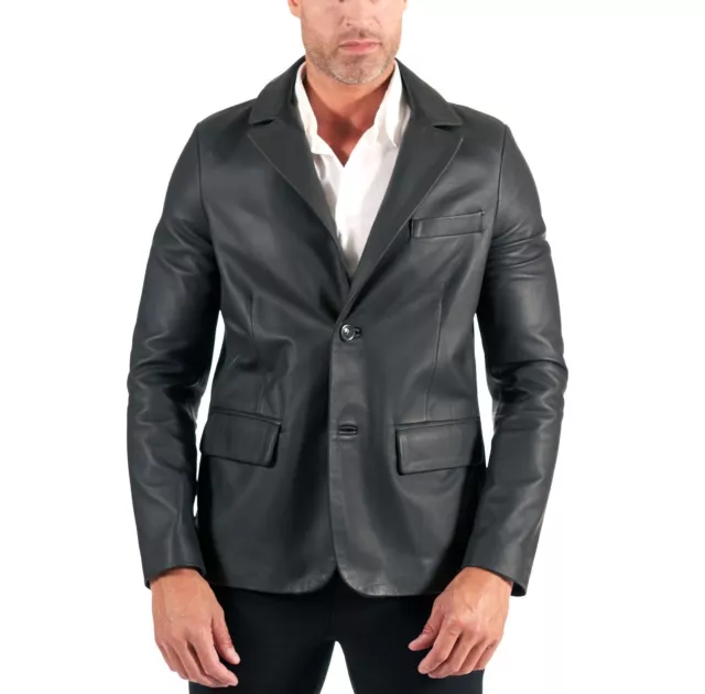 LEATHER BLAZER JACKET Coat Men's Genuine Lambskin Button Slim Fit ...