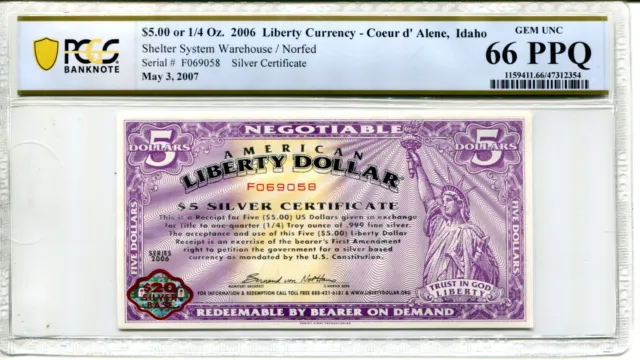 AMERICAN LIBERTY DOLLAR $5 Silver Certificate 2006 PCGS GEM 66 PPQ * AvenueCoin