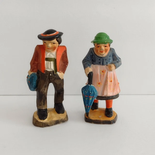 Vtg Japan Elderly Couple Man Woman w/ Bag Umbrella Ceramic Figurines Grandparent
