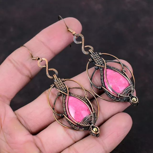 Thulite Wire Wrapped Earrings Handcrafted Copper Valentine Gift 3.27"