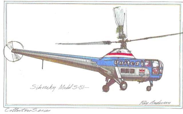 UNITED AIRLINES Collector Trade Card Postcard, Sikorsky Model S-51 Helicopter