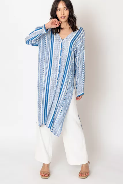 En Creme Striped Button Down Long Sleeve Tunic Top