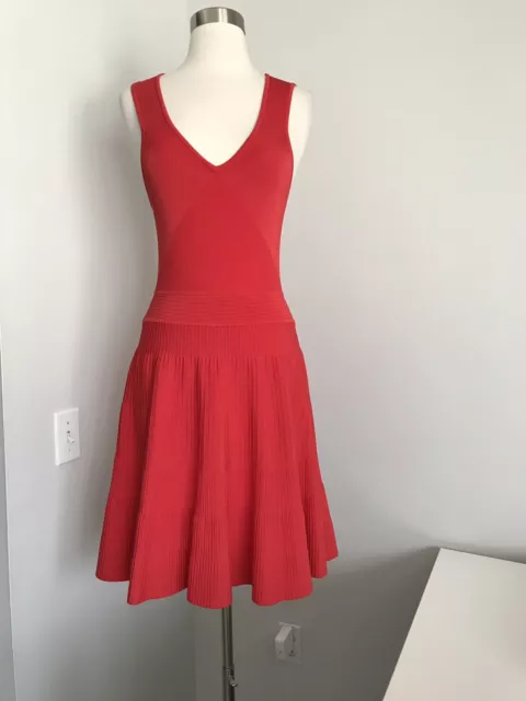 $395 Milly Red Stretch Fit & Flare V-Neck A-Line Sleeveless Dress Size  S