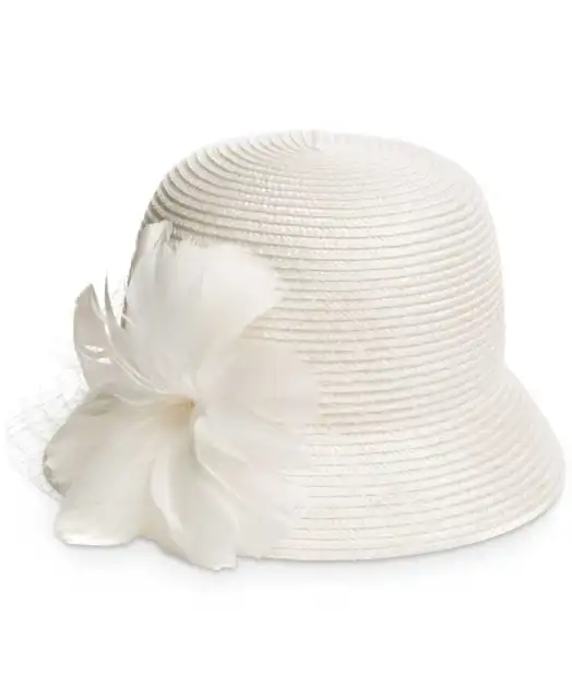 August Hat Feather Flower & Netting Cloche (Ivory)