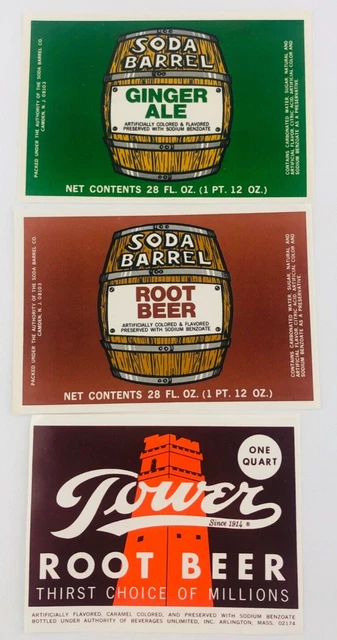 Vtg Soda Barrel Ginger Ale Root Beer  & Tower Root Beer Soda Pop Bottle Label
