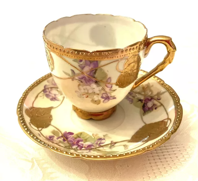 Nippon Antique Moriage Tea Cup, Saucer Violets, Heavy Gold Hand Painted c1850-90