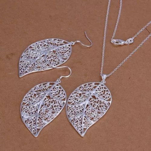 New Women 925 Sterling Silver Plated Hollow Leaf Earrings Necklace Jewelry Set