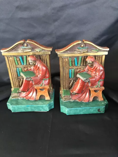 ANITQUE MONK READING CAST METAL BOOKENDS DATED 1920 BY L V ARONSON  (Ronson)