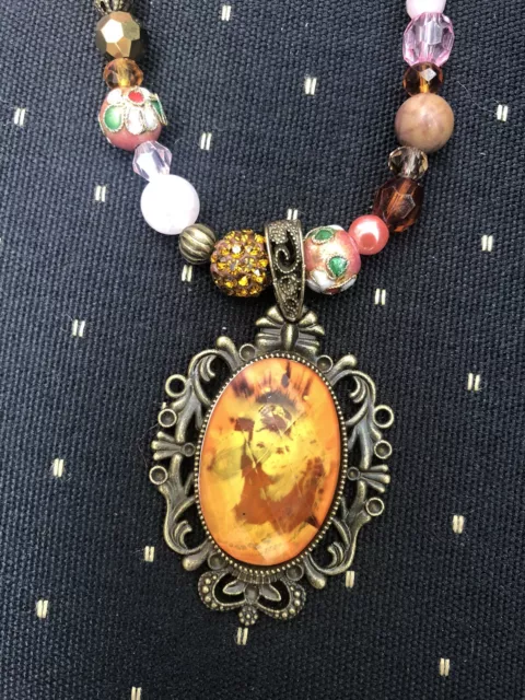 Audrey Hepburn Cabochon Bronze Filigree Pendant Topaz Pink Crystal Necklace