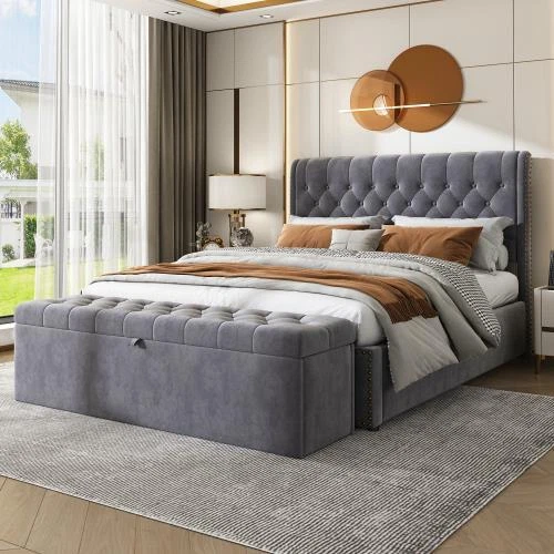 SUPER KING SIZE Upholstered Bed with Hydraulic Storage Grey Velvet