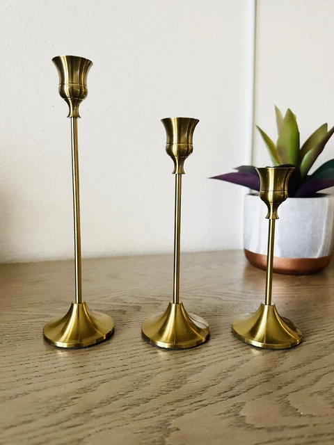 BRASS GOLD CANDLESTICK Holders Set Of 3 Taper Candle Holder Vintage ...