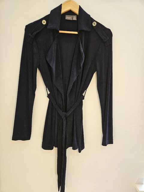 CHICOS Travelers Womens Blazer Sz Small Navy Blue Belted Slinky Stretch Acetate