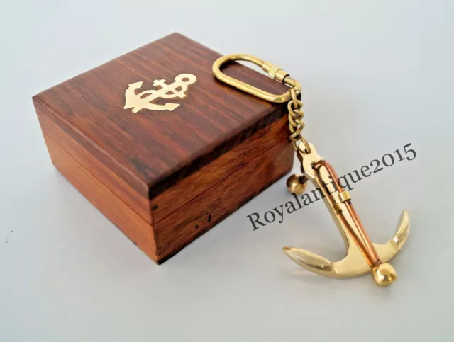 Vintage Brass Anchor Key Chain Golden Finish Nautical Gift With Wooden Box Style