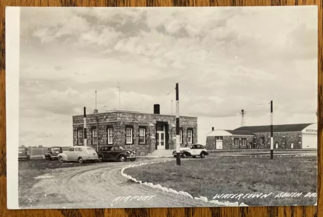 WATERTOWN, SOUTH DAKOTA: Airport Admin Bldg, Hangar & Vintage Autos ca1940s RPPC