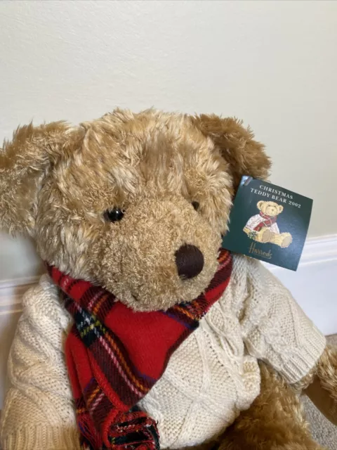 Harrods 2002 Annual Christmas / Xmas Teddy Bear With Aran Jumper & Tartan Scarf 3