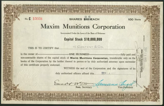 USA: Maxim Munitions Corporation, $5 shares, 1917