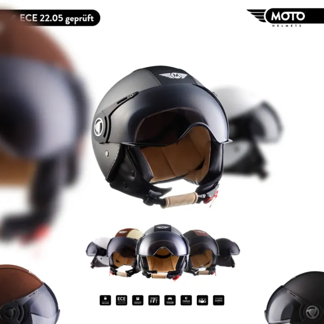 Moto H44 + Jet-Helm + Motorrad-Helm Roller-Helm Retro Vintage Leder Xs S M L Xl