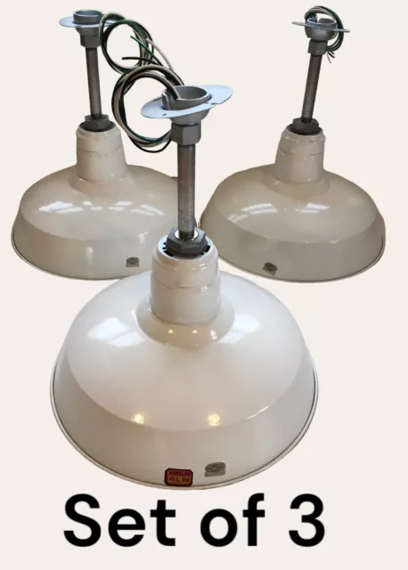 3 -1940s Wheeler 16" Porcelain Industrial White Barn Light Vintage Gas Station