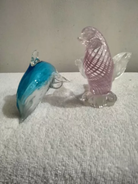 Murano Style Art glass Set Blue Dolphin And Pink Bird Beautifully Colored  New