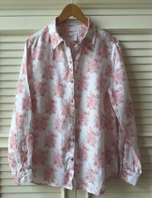 Shabby Chic 100% Linen Floral Rose Button Up Shirt Pink White Size Large