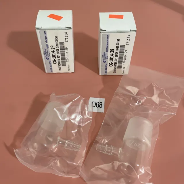 (2)NIB Chemglass Glass 90° Inlet Adapter with 29/26 Inner Joint, CG-1014-29