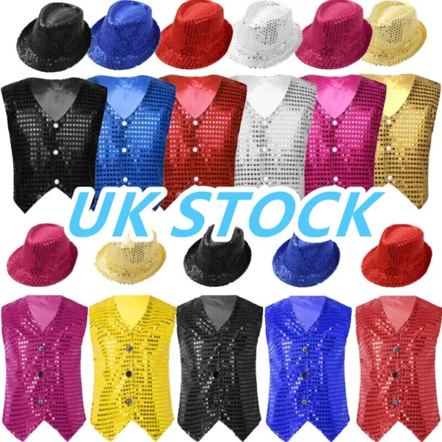 UK Boys Girls Sparkly Waistcoat Jacket Hip Hop Jazz Dance Button Vest with Hat
