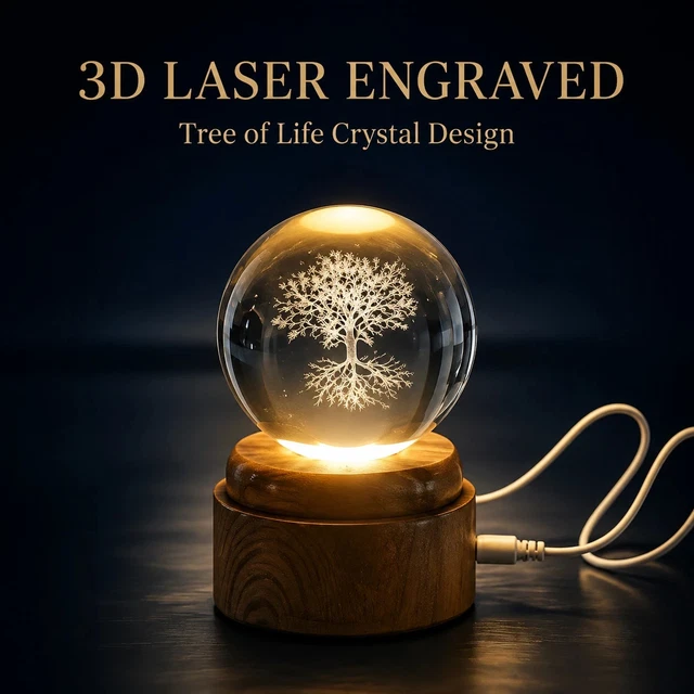 Usb Led Ball TREE OF LIFE Crystal Ball 6cm LED Night Light Rotating Wood Base USB ...