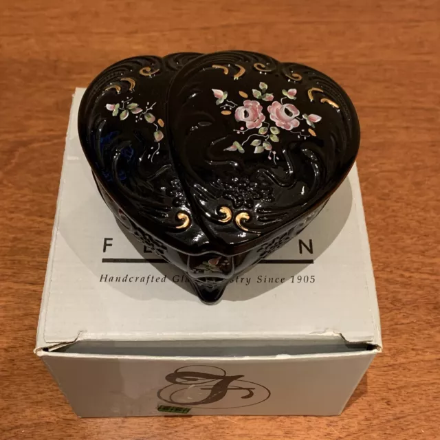 Fenton Black Glass Double Heart Shaped Covered Trinket Candy Box w/ HP Flowers