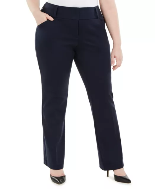 MSRP $80 Alfani Plus Size Tummy-Control Faux-Leather Trim Trousers Blue Size 22W