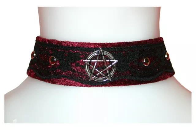 Halsband Choker Samt Rot Spitze Pentagramm Nieten Gothic Wicca Halloween HBS010