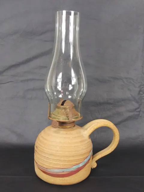 Signed Studio Handcrafted Stoneware Oil/Kero Lamp W/Handle Art Pottery Southwest