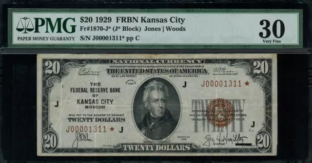 1929 $20 Federal Reserve Bank Note - Kansas City - Star Note FR.1870-J* - PMG 30