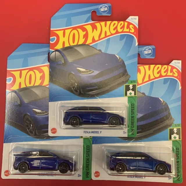 2024 HOT WHEELS Tesla Model Y Hw Green Speed Blue Lot Of 3 New Case A