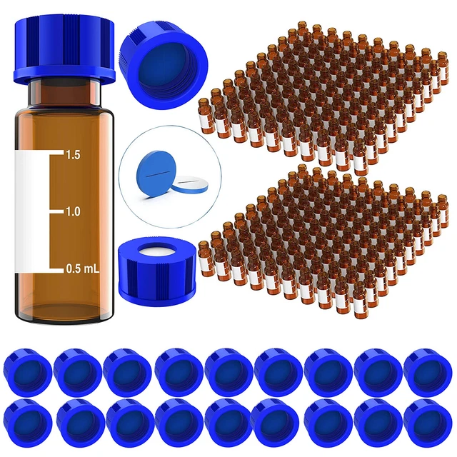 Autosampler Vials,2ml HPLC Vials,9-425 Lab Amber Vials 200Pcs Pre-Slit Screw Cap