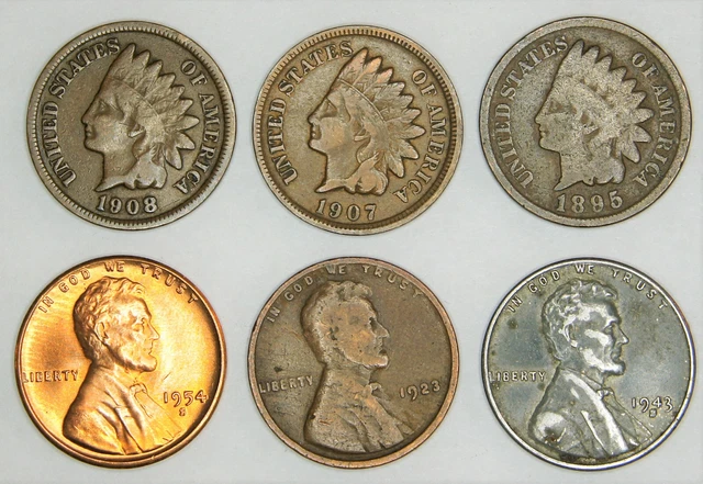 1895 Indian Head Penny, 1943-S Steel Wheat, 1954 S Lincoln Wheat BU - 6 coin lot