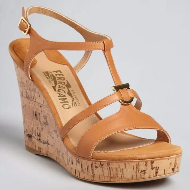 SALVATORE FERRAGAMO Savita Cork Wedge Sandals Brown/Nude Leather Size 6.5