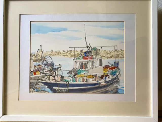 Nautical Artist Original Painting Bob Anderson Signed Coral Bay Harbour Boat