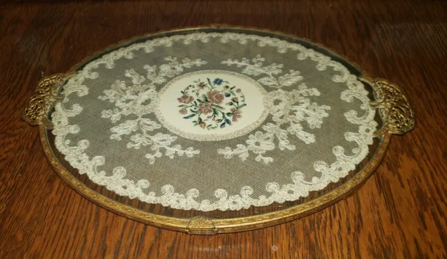 Vintage Brass Filigree Ftd Oval Dresser Tray Petit Point & Lace Between Glass