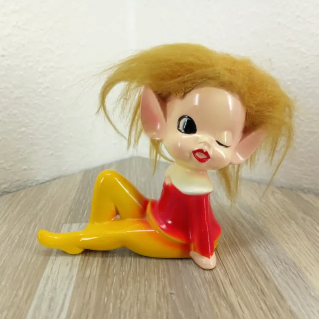 Vintage Winking Pixie Elf Figurine Pointy Ears with Hair
