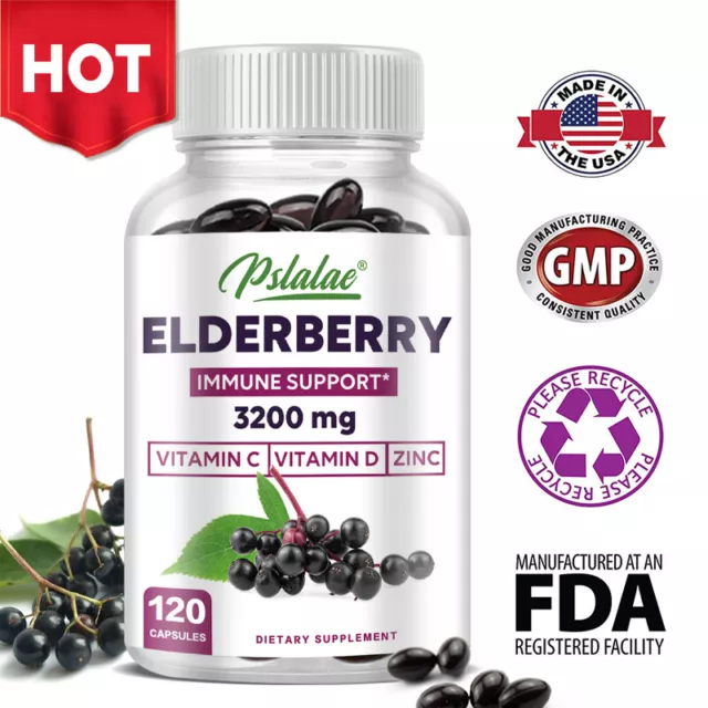 Elderberry Capsules 3200mg - with Vitamin C & Zinc - Immune Support Supplements