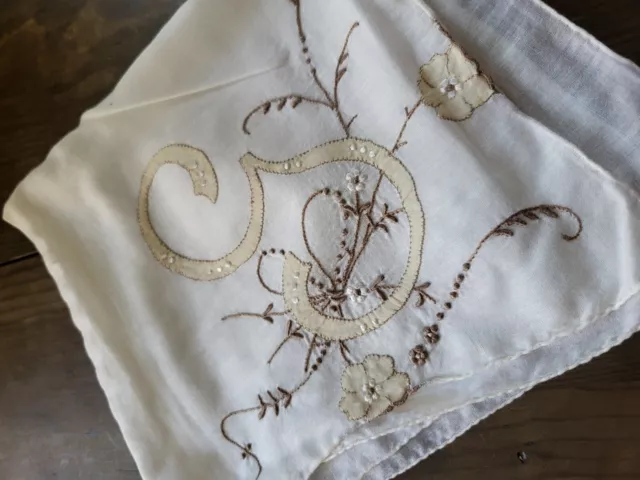 Heirloom 1940's Hand-Embroidered Madeira Monogram "G" Wedding Handkerchief