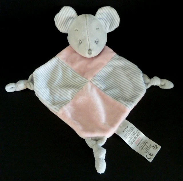EB. DOUDOU PLAT TOMKIDS TOM KIDDY BISOUS D'ANGE SOURIS rose gris rayé grelot Lir