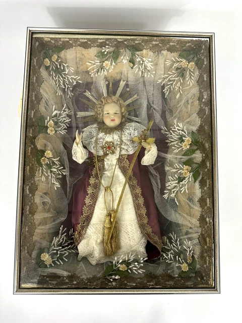 Antikes Fatschenkind Wachs Christkind 40 cm Prager Jesulein Figur Schaukasten