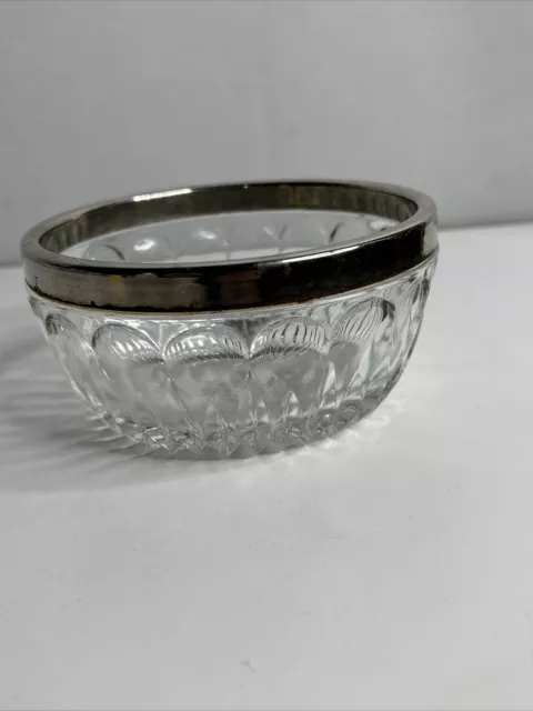 Vintage Bowl Clear Glass Thumbprint Starburst Silver Plate Rim 5” Wide 2.5” Tall