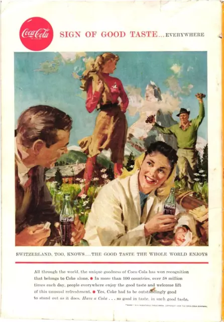 1958 Coca Cola Print Ad SWITZERLAND Tourism Landscape Mountain Scene