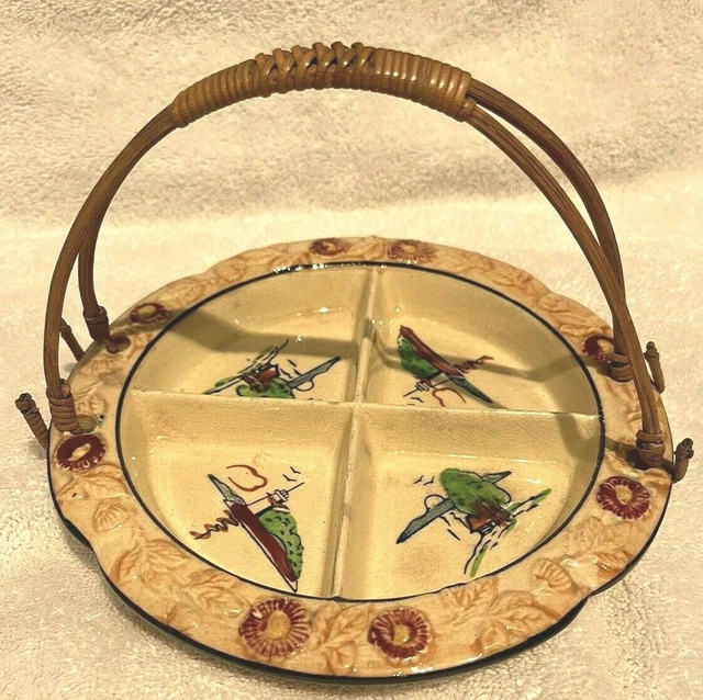 Vintage Majolica Tidbit Plate Mint dish Rattan Wicker Handle Hand painted Japan